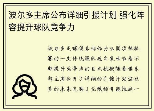 波尔多主席公布详细引援计划 强化阵容提升球队竞争力