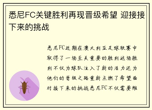 悉尼FC关键胜利再现晋级希望 迎接接下来的挑战