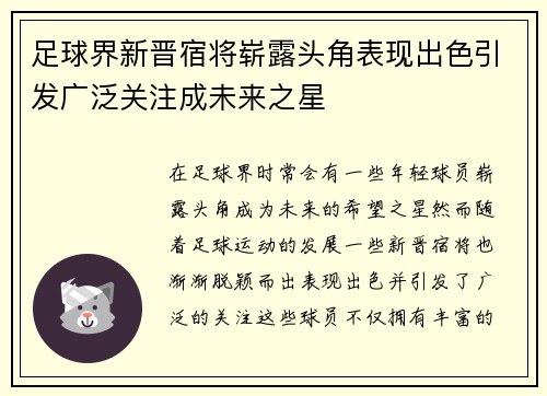 足球界新晋宿将崭露头角表现出色引发广泛关注成未来之星