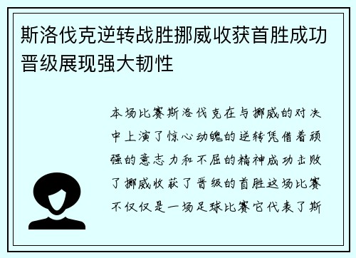 斯洛伐克逆转战胜挪威收获首胜成功晋级展现强大韧性