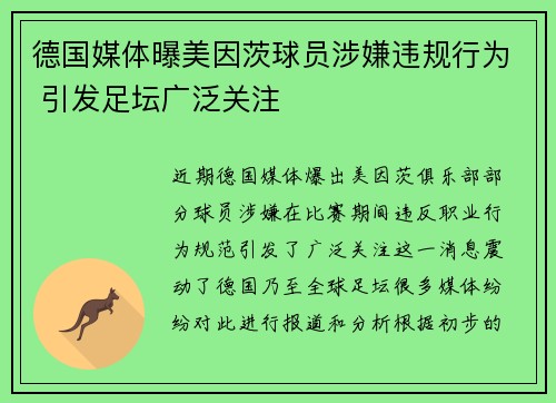 德国媒体曝美因茨球员涉嫌违规行为 引发足坛广泛关注