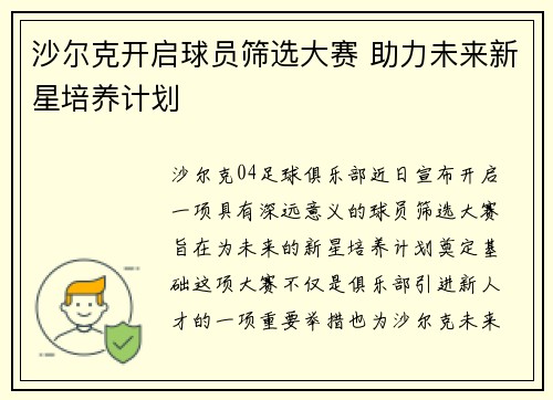 沙尔克开启球员筛选大赛 助力未来新星培养计划