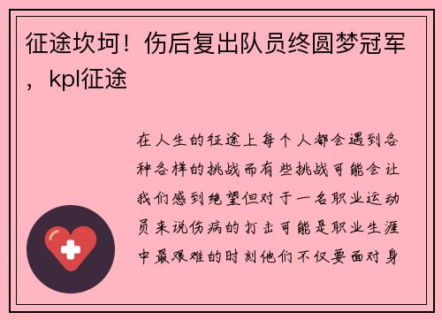 征途坎坷!伤后复出队员终圆梦冠军,kpl征途