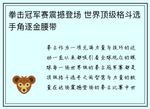 拳击冠军赛震撼登场 世界顶级格斗选手角逐金腰带