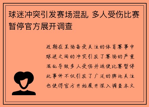球迷冲突引发赛场混乱 多人受伤比赛暂停官方展开调查
