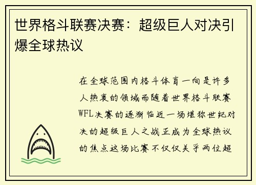 世界格斗联赛决赛：超级巨人对决引爆全球热议