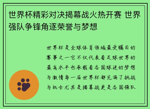 世界杯精彩对决揭幕战火热开赛 世界强队争锋角逐荣誉与梦想
